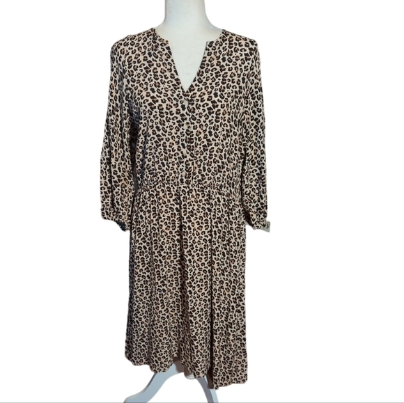 Banana Republic Dress Cheetah Leopard Print brown Rayon 3/4 Balloon Sleeve sz L - Picture 9 of 10
